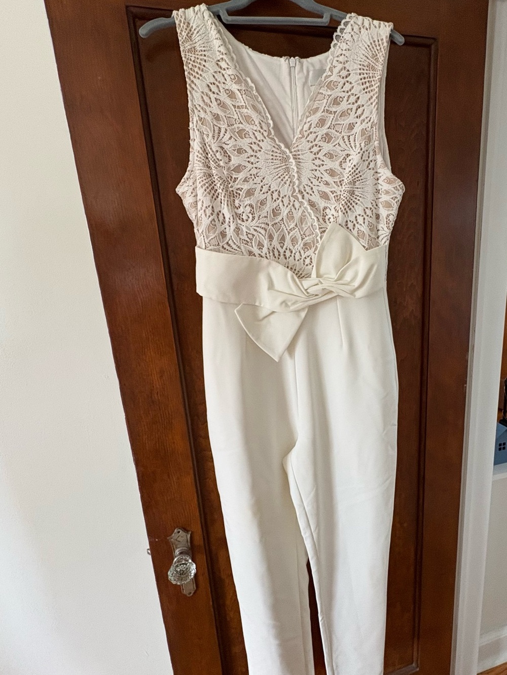 Adelyn Rae Ivory Lace Bodice Jumpsuit with Waist Bow